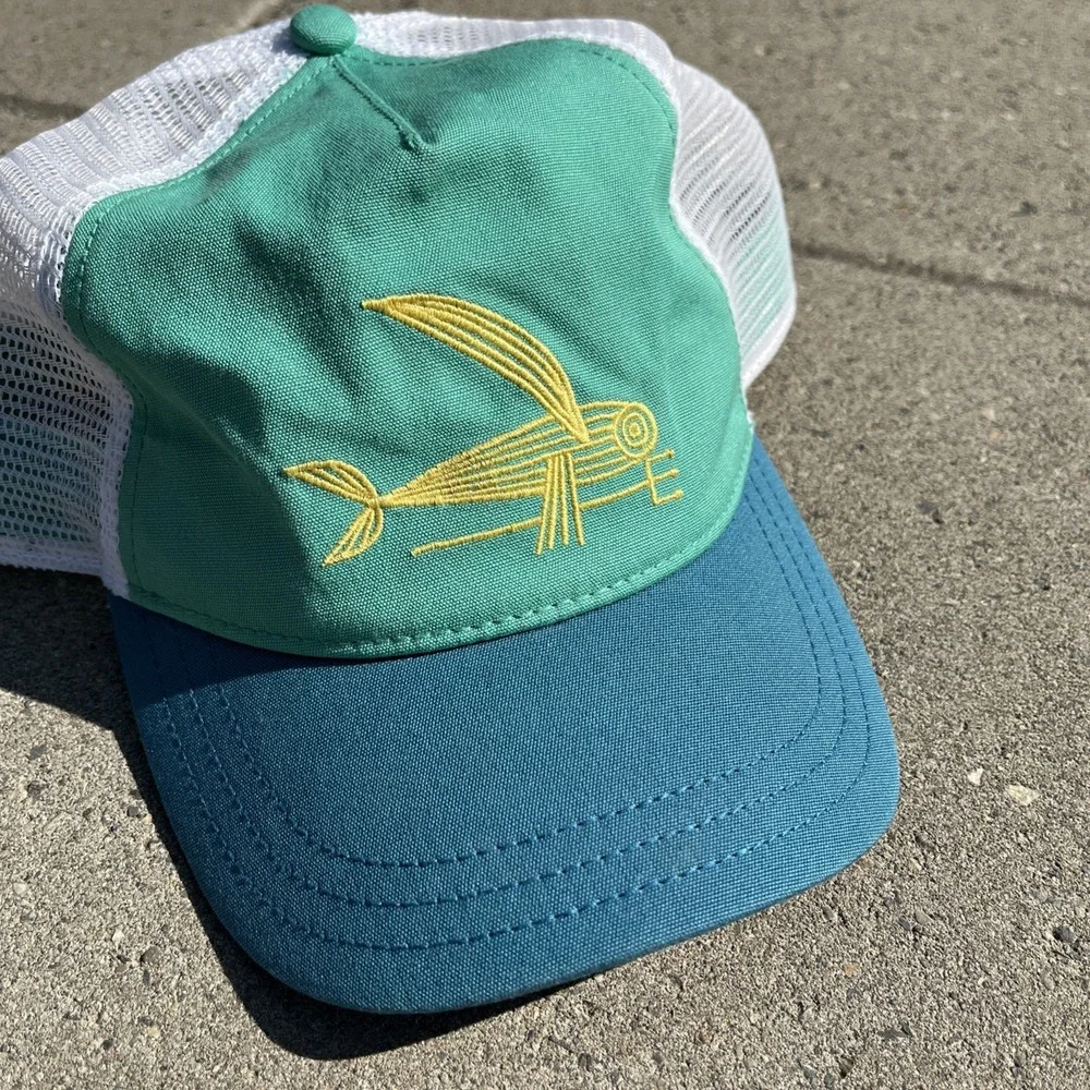 Patagonia Deconstructed Flying Fish Women's Trucker Hat, Green on Blue, Snapback